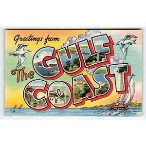 Vintage Large Letter Greetings from The Gulf Coast Mississippi Linen Postcard